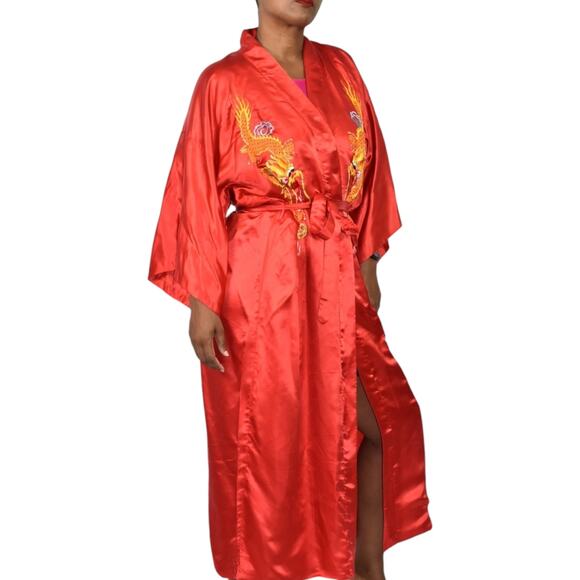 Embroidered Silk Robe Kimono Red Susi Dragon Wrap Chinese Asian Satin Size Large - Picture 12 of 16